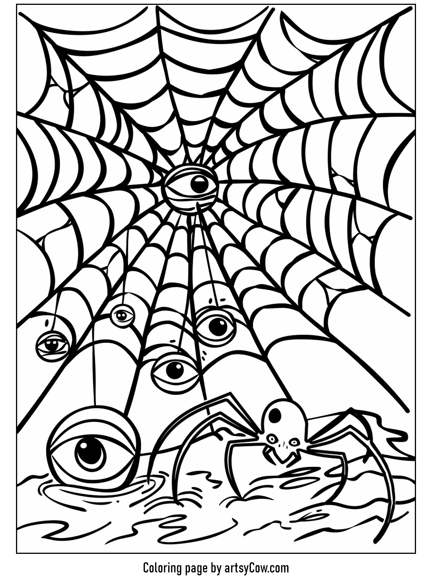 scary halloween coloring pages, featuring a stark and intricate spider web adorned with multiple eyeballs looking in various directions, and a spider crouched near the tangle of threads.